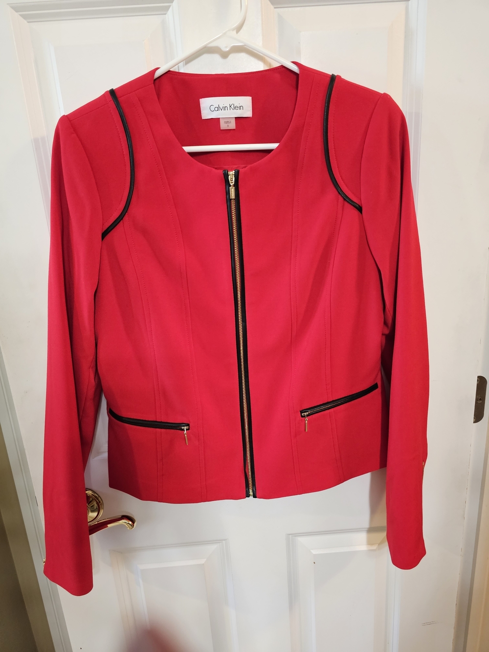 Calvin Klein Red Zip-Front Blazer with Black Trim Sz 8